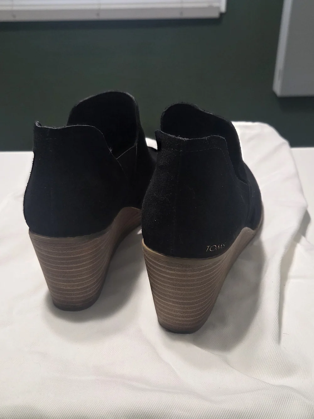 TOMS Goldie Black Suede Wedge Booties with Stacked Heel